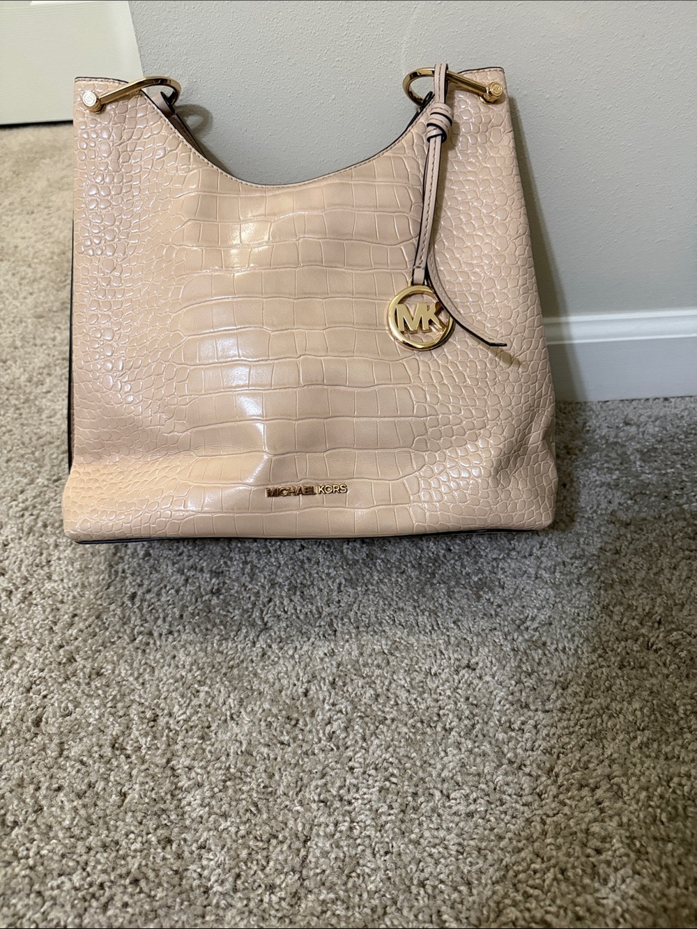 Michael Kors Croc-Embossed Pale Blush Shoulder Bag with Gold Hardware